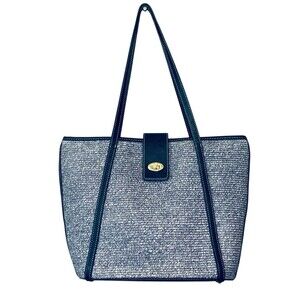 Talbots Packable Paper Straw Tote Bag Blue PU Leather Trim with Gold Hardware